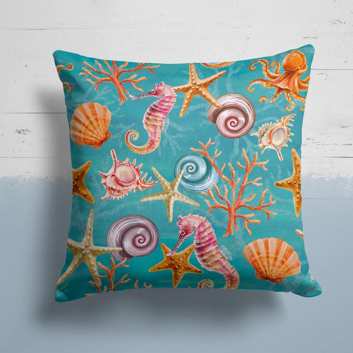 Beach House Pillow Case|Coastal Starfish Throw Pillow Cover|Seahorse, Seashell and Fish Print Cushion Cover|Abstract Sea Wave Home Decor