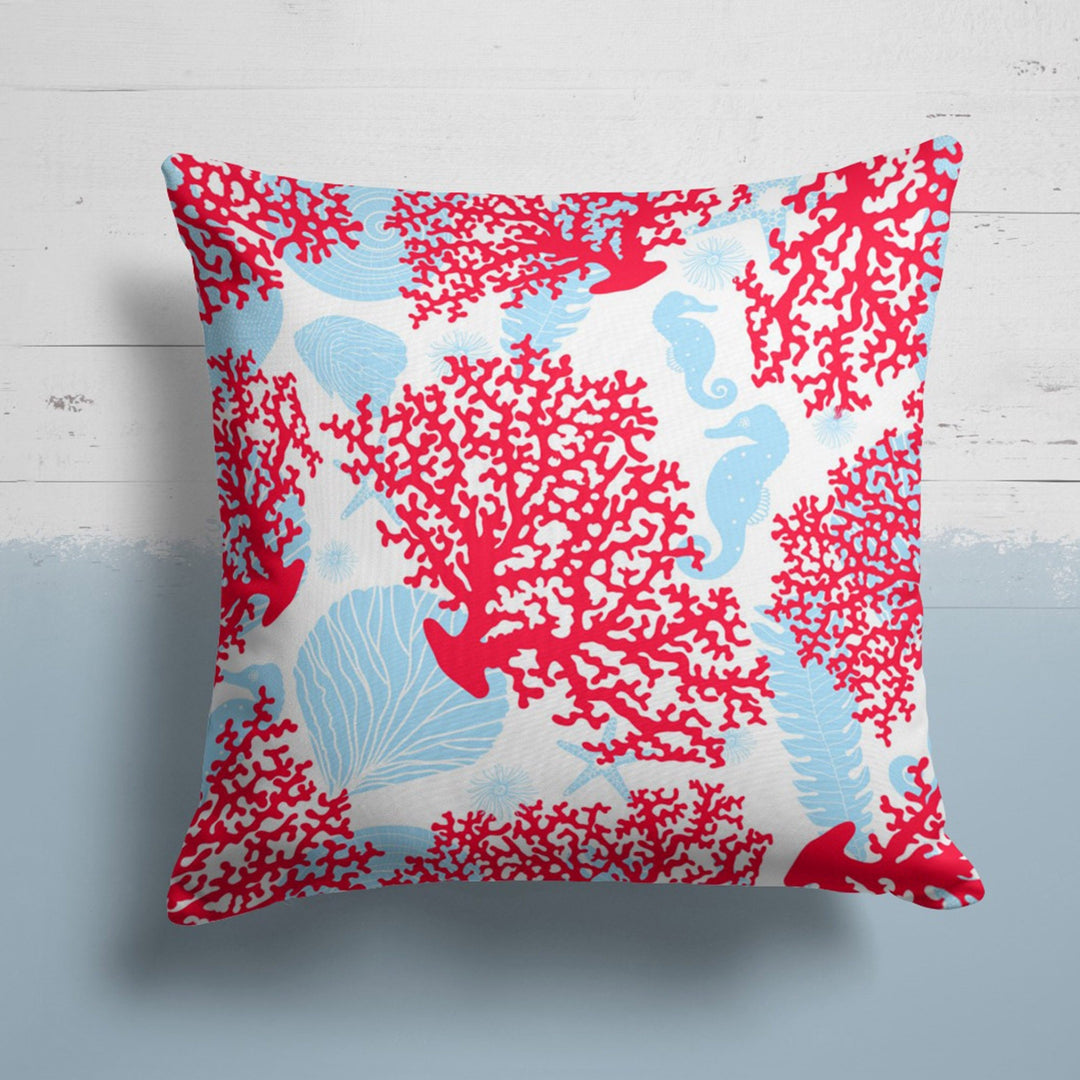 Beach House Pillow Case|Red Coral Orange Starfish Cushion|Sea Turtle and Fish Pillowcase|Nautical Seashell Cushion|Coastal Throw Pillow Top