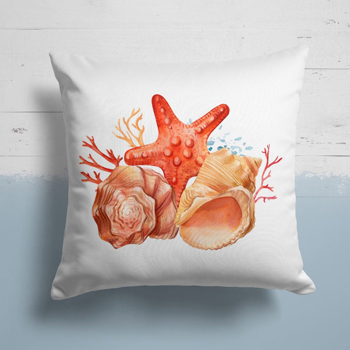 Beach House Pillow Case|Red Coral Orange Starfish Cushion|Sea Turtle and Fish Pillowcase|Nautical Seashell Cushion|Coastal Throw Pillow Top