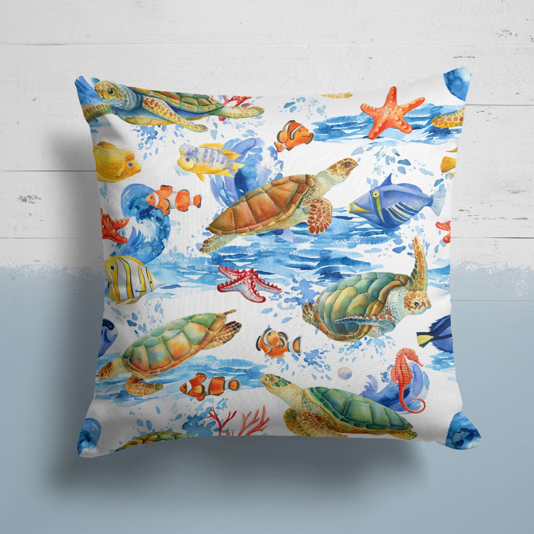 Beach House Pillow Case|Red Coral Orange Starfish Cushion|Sea Turtle and Fish Pillowcase|Nautical Seashell Cushion|Coastal Throw Pillow Top