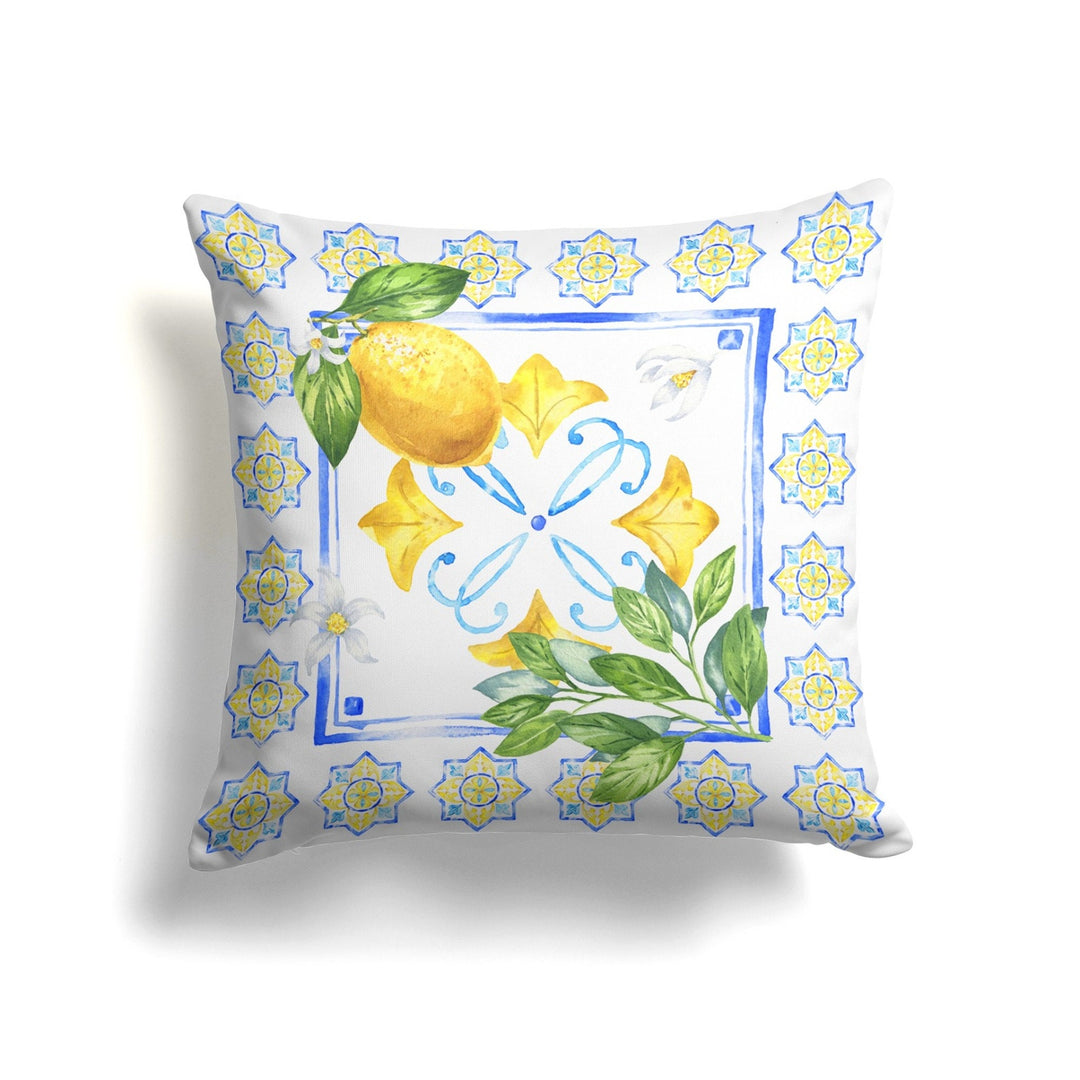 Floral Lemon Pillow Cover|Lemon on Tile Pattern Cushion Case|Housewarming Yellow Citrus Print Home Decor|Farmhouse Yellow Blue Pillow Case