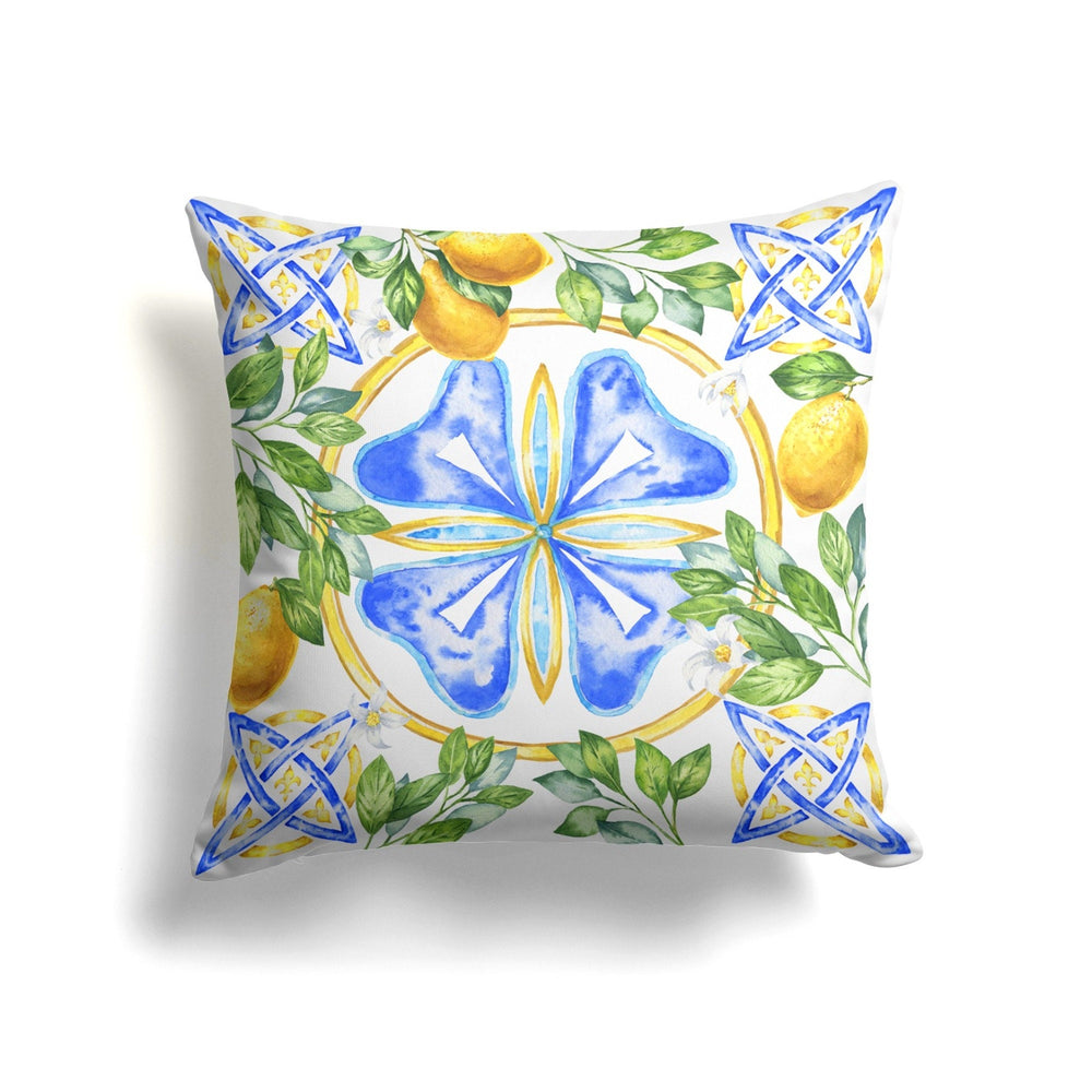 Floral Lemon Pillow Cover|Lemon on Tile Pattern Cushion Case|Housewarming Yellow Citrus Print Home Decor|Farmhouse Yellow Blue Pillow Case