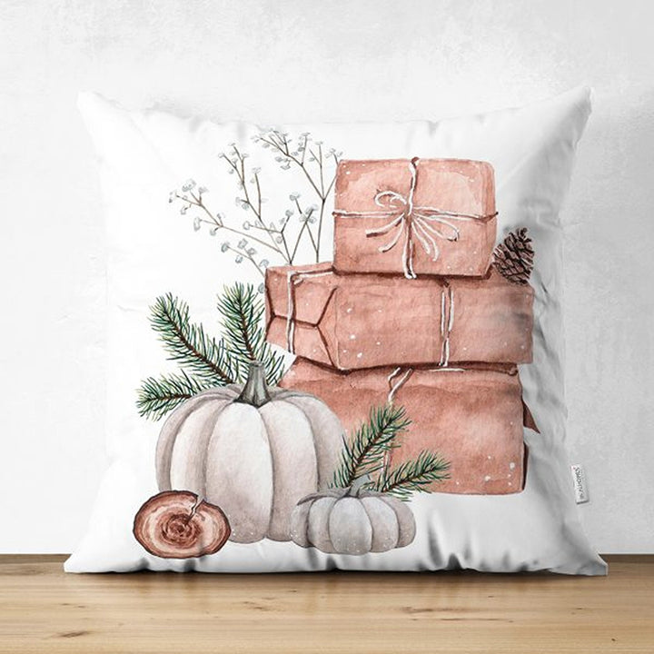 Pumpkin Pillow Cover|Fall Trend Suede Cushion Case|White Pumpkin and Bird Print Throw Pillowtop|Decorative Farmhouse Thanksgiving Cushion