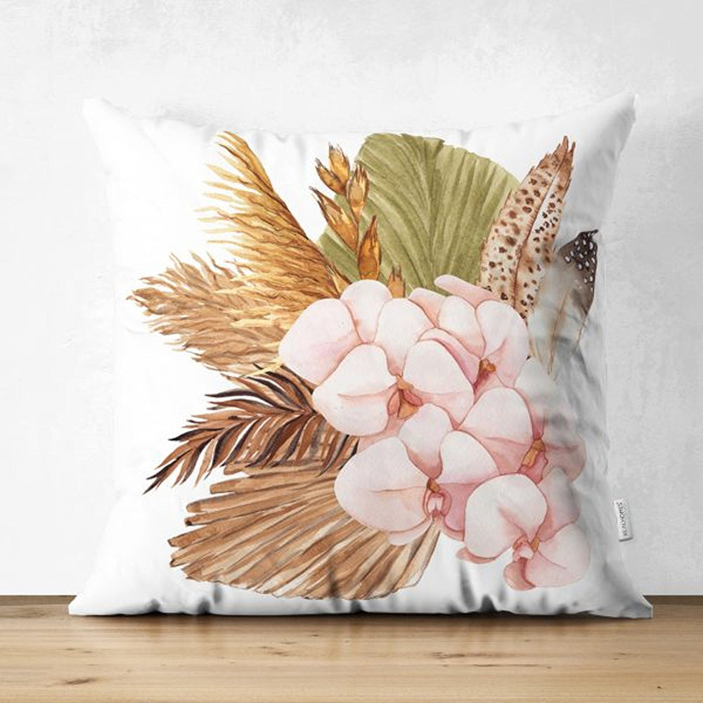 Dry Leaves Pillow Cover|Fall Trend Suede Cushion Case|White Flower and Leaf Print Throw Pillowtop|Decorative Farmhouse Thanksgiving Cushion