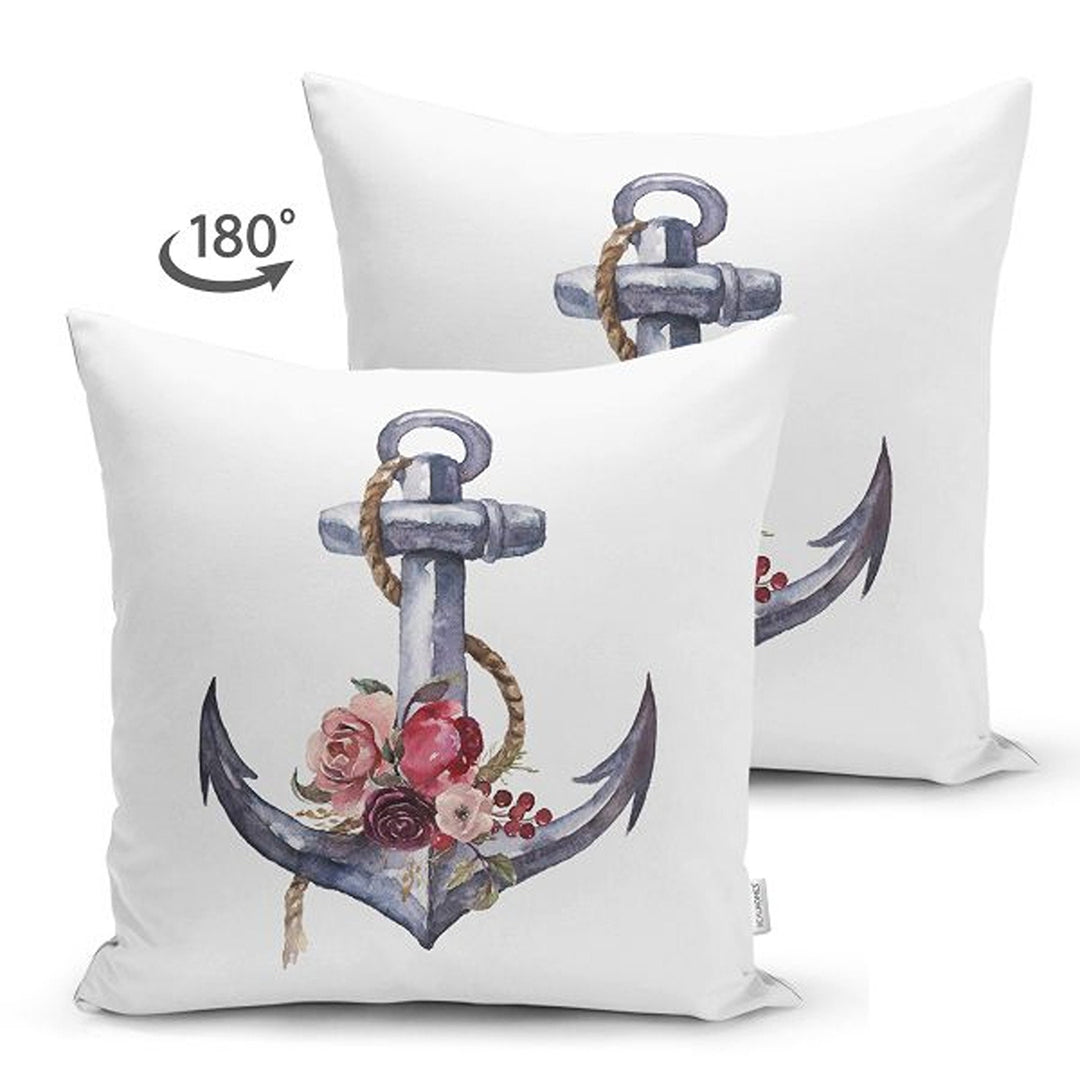 Nautical Pillow Cover|Summer Trend Suede Cushion Case|Floral Anchor and Wheel Coastal Throw Pillowtop|Decorative Beach House Cushion Cover