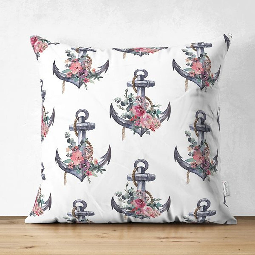 Nautical Pillow Cover|Summer Trend Suede Cushion Case|Floral Anchor and Wheel Coastal Throw Pillowtop|Decorative Beach House Cushion Cover