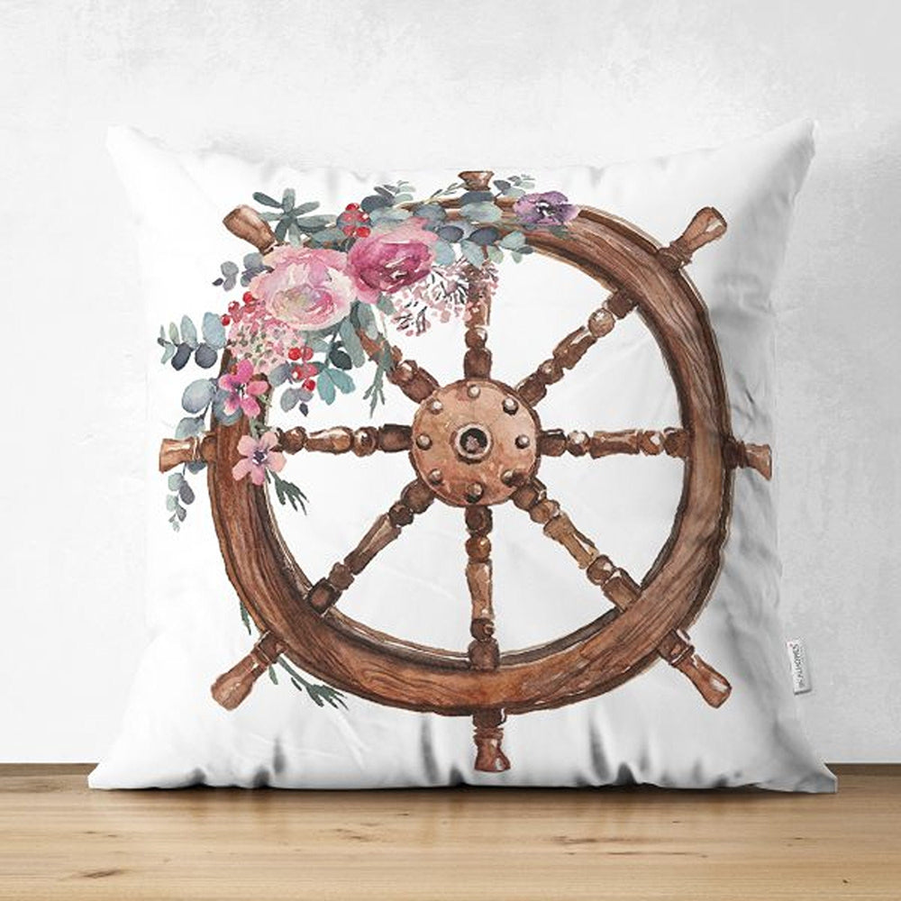 Nautical Pillow Cover|Summer Trend Suede Cushion Case|Floral Anchor and Wheel Coastal Throw Pillowtop|Decorative Beach House Cushion Cover