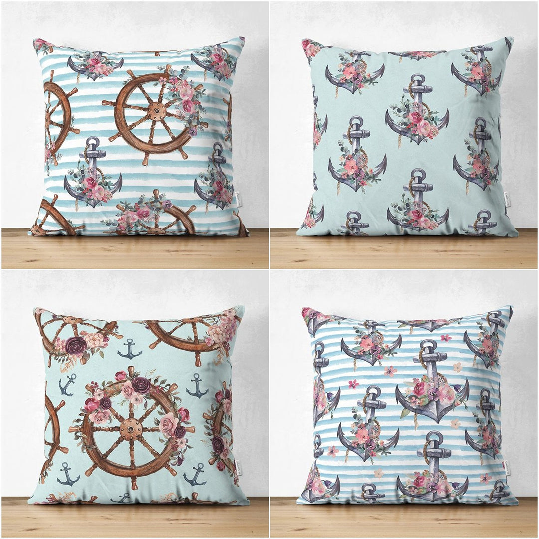 Nautical Pillow Cover|Summer Trend Suede Cushion Case|Striped Floral Anchor and Wheel Throw Pillowtop|Decorative Beach House Cushion Cover