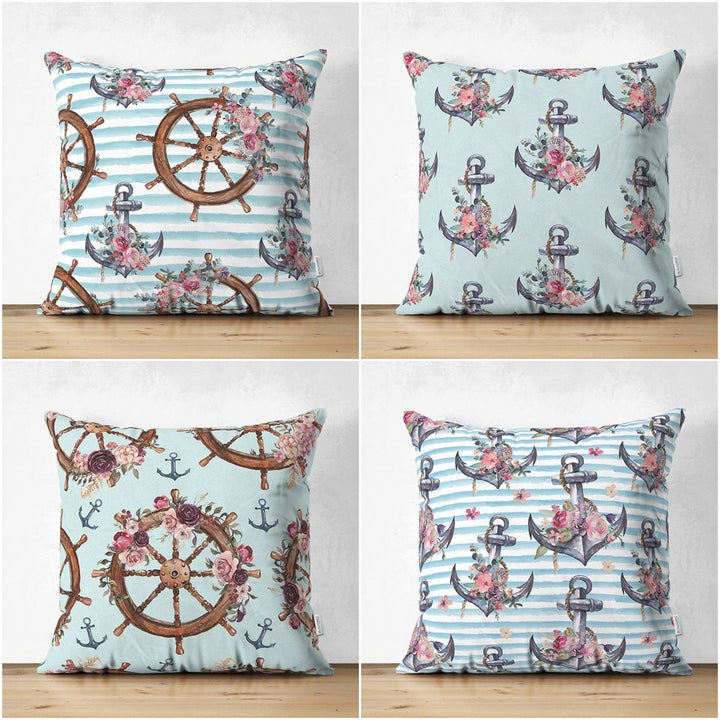 Nautical Pillow Cover|Summer Trend Suede Cushion Case|Striped Floral Anchor and Wheel Throw Pillowtop|Decorative Beach House Cushion Cover