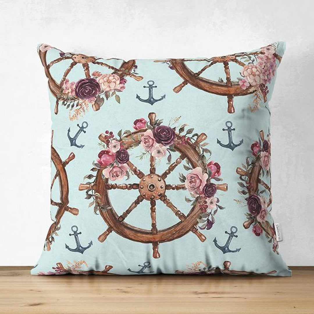 Nautical Pillow Cover|Summer Trend Suede Cushion Case|Striped Floral Anchor and Wheel Throw Pillowtop|Decorative Beach House Cushion Cover