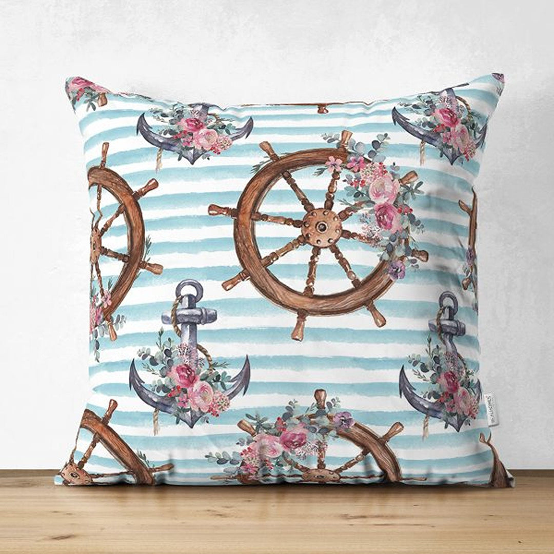 Nautical Pillow Cover|Summer Trend Suede Cushion Case|Striped Floral Anchor and Wheel Throw Pillowtop|Decorative Beach House Cushion Cover