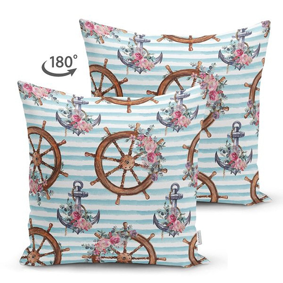 Nautical Pillow Cover|Summer Trend Suede Cushion Case|Striped Floral Anchor and Wheel Throw Pillowtop|Decorative Beach House Cushion Cover