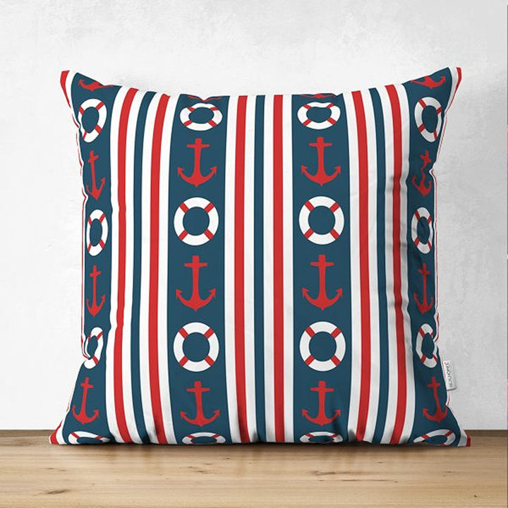 Nautical Pillow Cover|Summer Trend Suede Cushion Case|Striped Anchor and Life Saver Throw Pillowtop|Decorative Beach House Cushion Cover