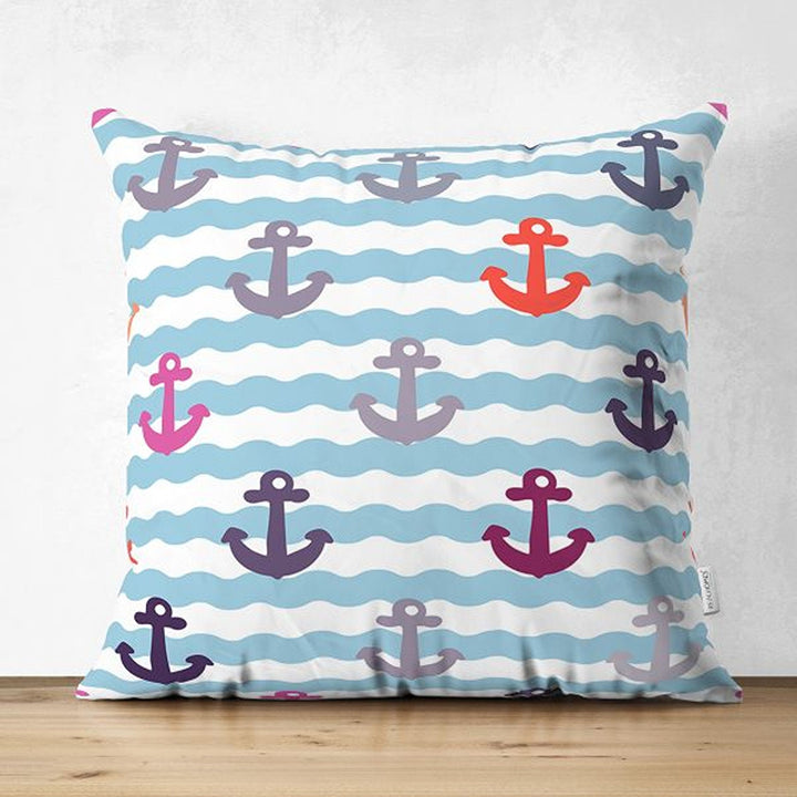 Nautical Pillow Cover|Summer Trend Suede Cushion Case|Striped Anchor and Life Saver Throw Pillowtop|Decorative Beach House Cushion Cover