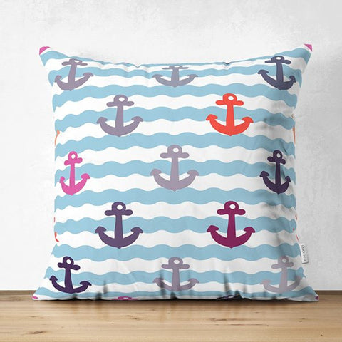 Nautical Pillow Cover|Summer Trend Suede Cushion Case|Striped Anchor and Life Saver Throw Pillowtop|Decorative Beach House Cushion Cover