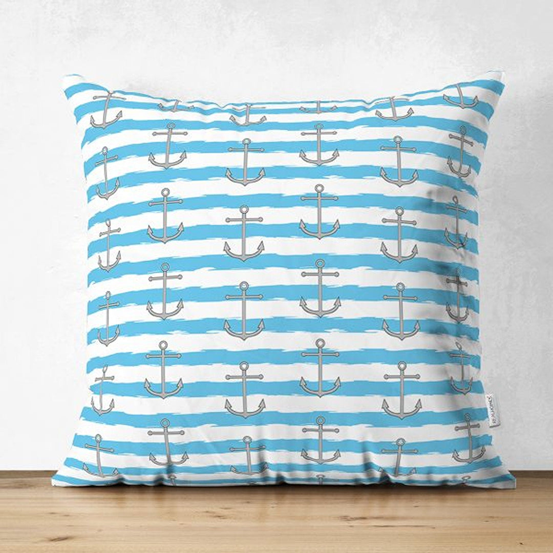 Nautical Pillow Cover|Summer Trend Suede Cushion Case|Striped Anchor and Life Saver Throw Pillowtop|Decorative Beach House Cushion Cover