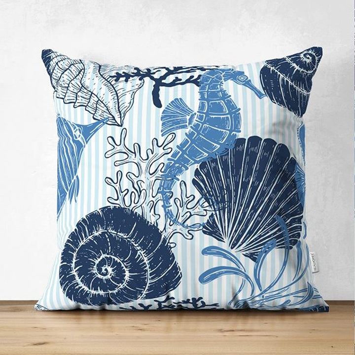 Beach House Pillow Cover|Seahorse Seashell Starfish Coastal Throw Pillow|Abstract Design Nautical Cushion|Summer Trend Suede Cushion Case