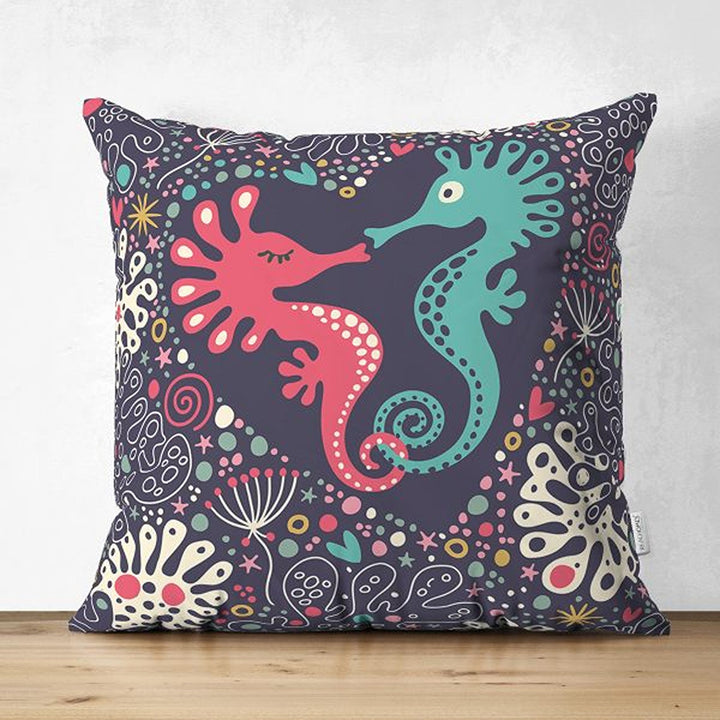 Beach House Pillow Cover|Seahorse Seashell Starfish Coastal Throw Pillow|Abstract Design Nautical Cushion|Summer Trend Suede Cushion Case