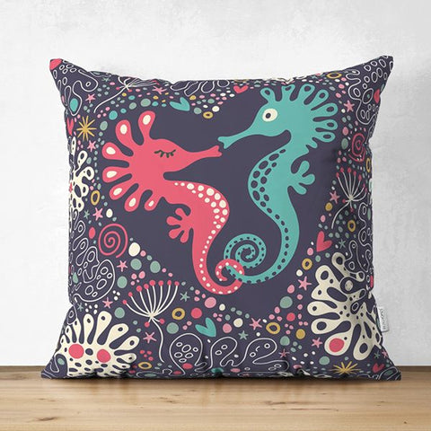 Beach House Pillow Cover|Seahorse Seashell Starfish Coastal Throw Pillow|Abstract Design Nautical Cushion|Summer Trend Suede Cushion Case