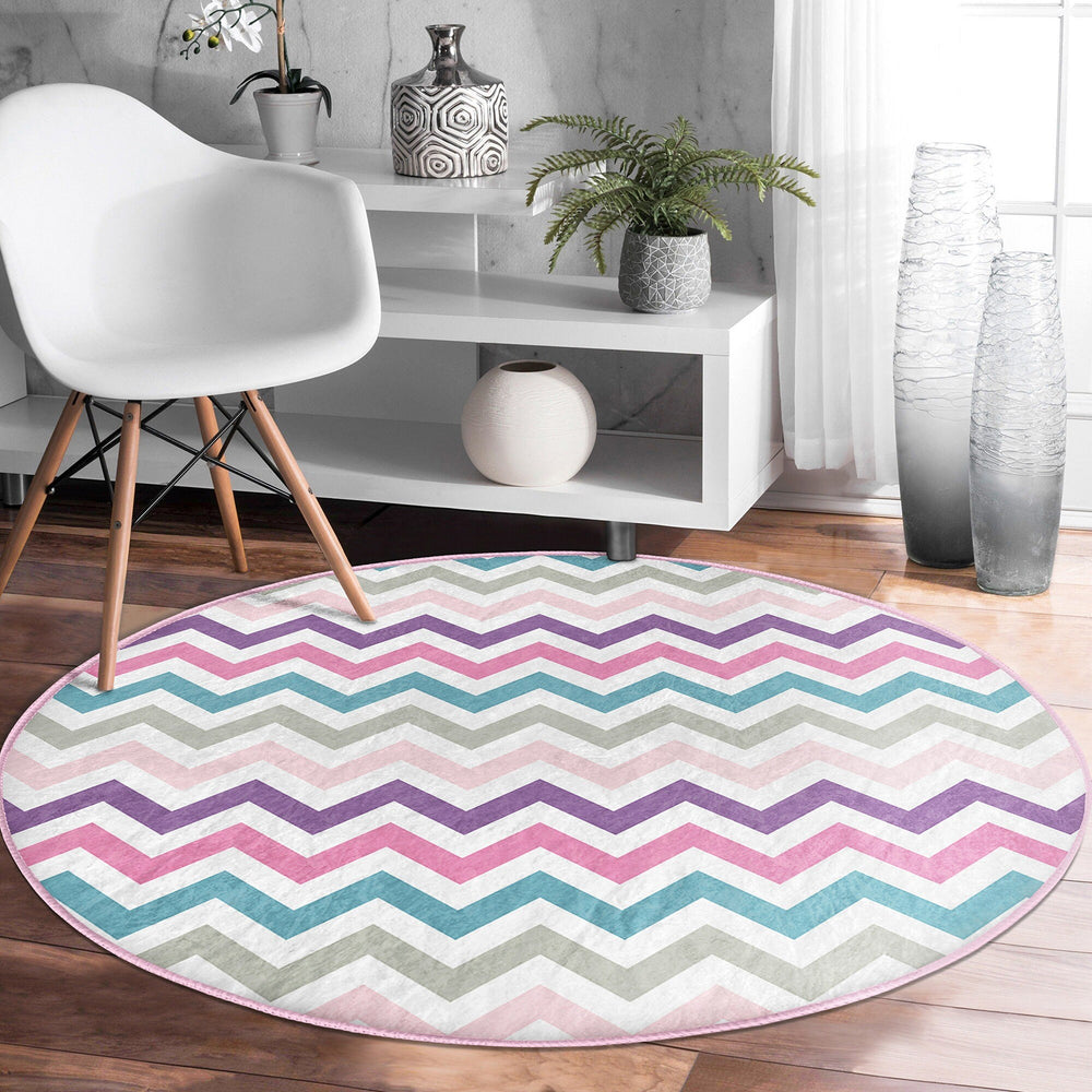 Zigzag Round Rug|Non-Slip Round Carpet|Geometric Circle Carpet|Decorative Area Rug|Zigzag Home Decor|Multi-Purpose Colorful Anti-Slip Mat