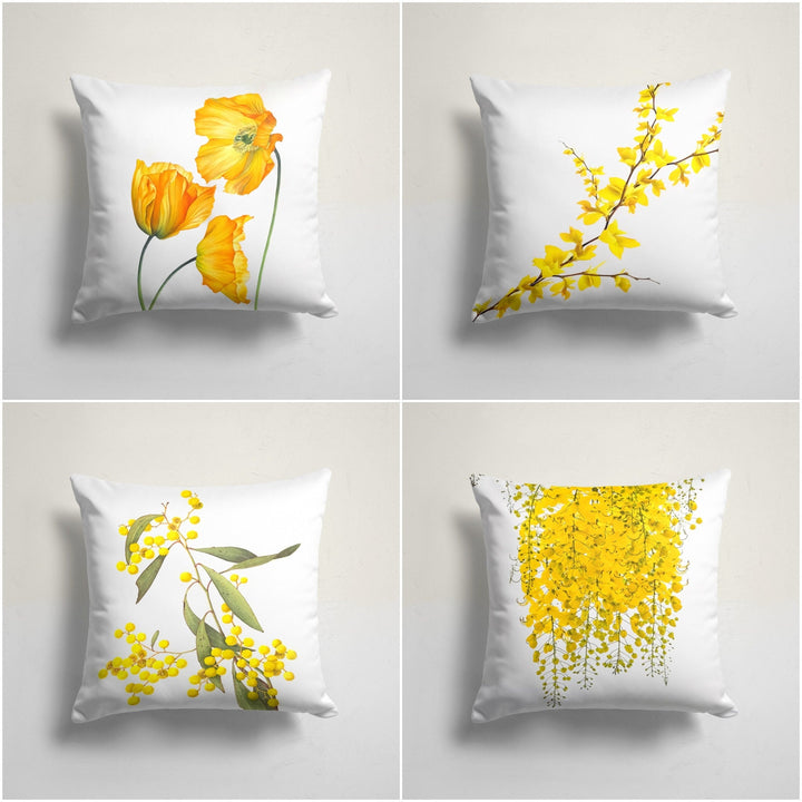 Yellow Floral Pillow Cover|Yellow Poppy and Berries Cushion Case|Summer Trend Throw Pillow|Boho Bedding Decor|Housewarming Farmhouse Cushion