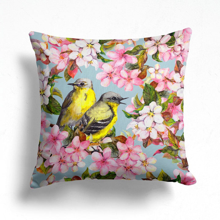 Floral Bird Pillow Case|Bird and Flower Pillowcase|Pink and White Rose Print Cushion Cover|Housewarming Decor|Farmhouse Porch Cushion Case