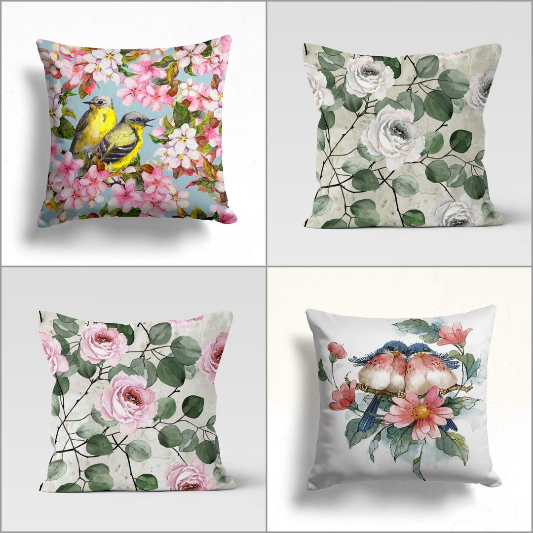 Floral Bird Pillow Case|Bird and Flower Pillowcase|Pink and White Rose Print Cushion Cover|Housewarming Decor|Farmhouse Porch Cushion Case