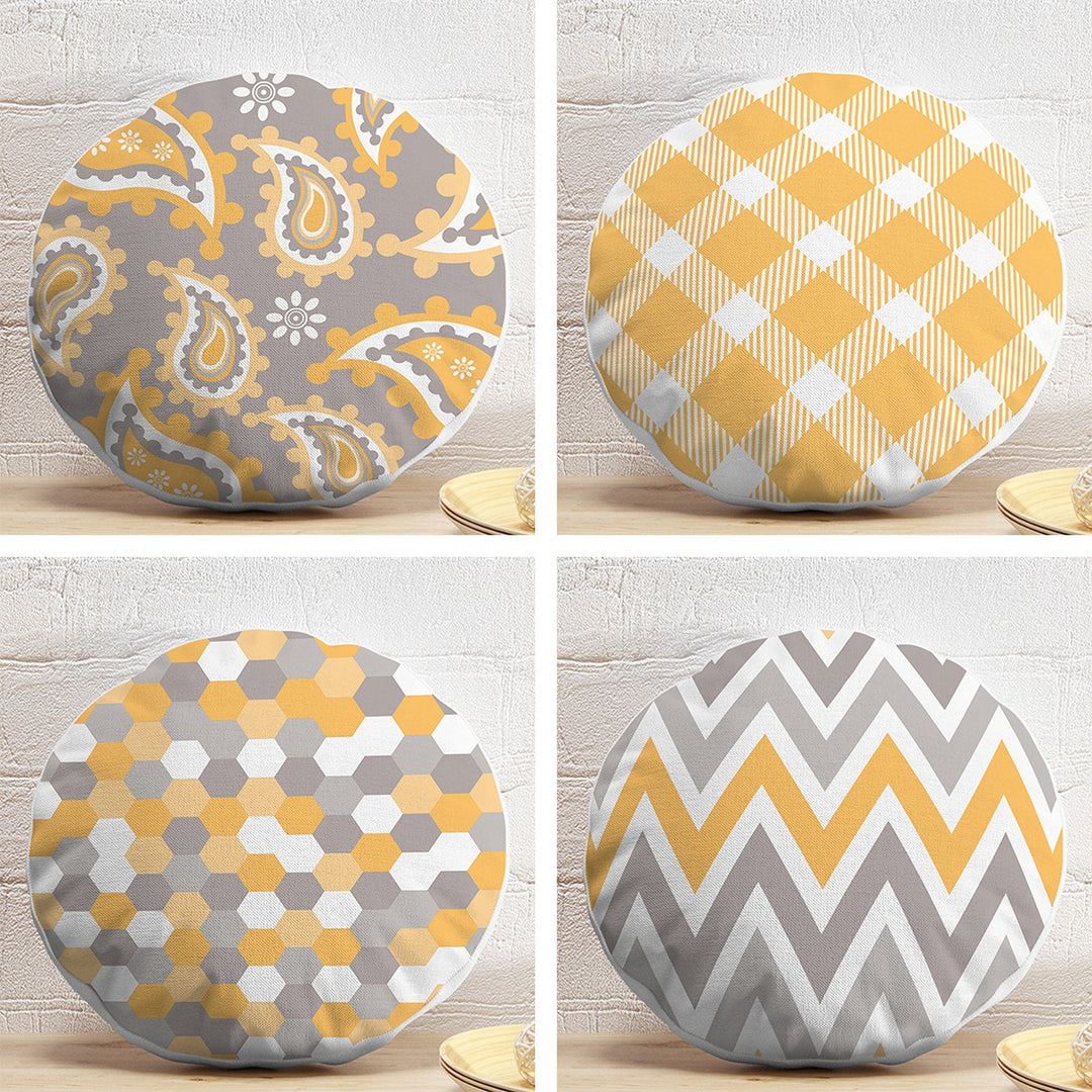 Set of 4 Geometric Round Pillow Case|Yellow Gray Circle Pillow Cover|Decorative Plaid and Zigzag Pattern Pillowtop|Outdoor Round Cushion