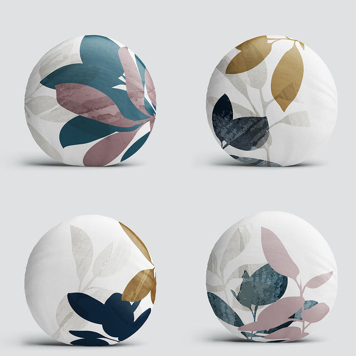 Set of 4 Abstract Round Pillow Case|Leaf Print Circle Pillow Cover|Decorative Abstract Leaves Pillowtop|Outdoor Cushion Cover|Sofa Cushion