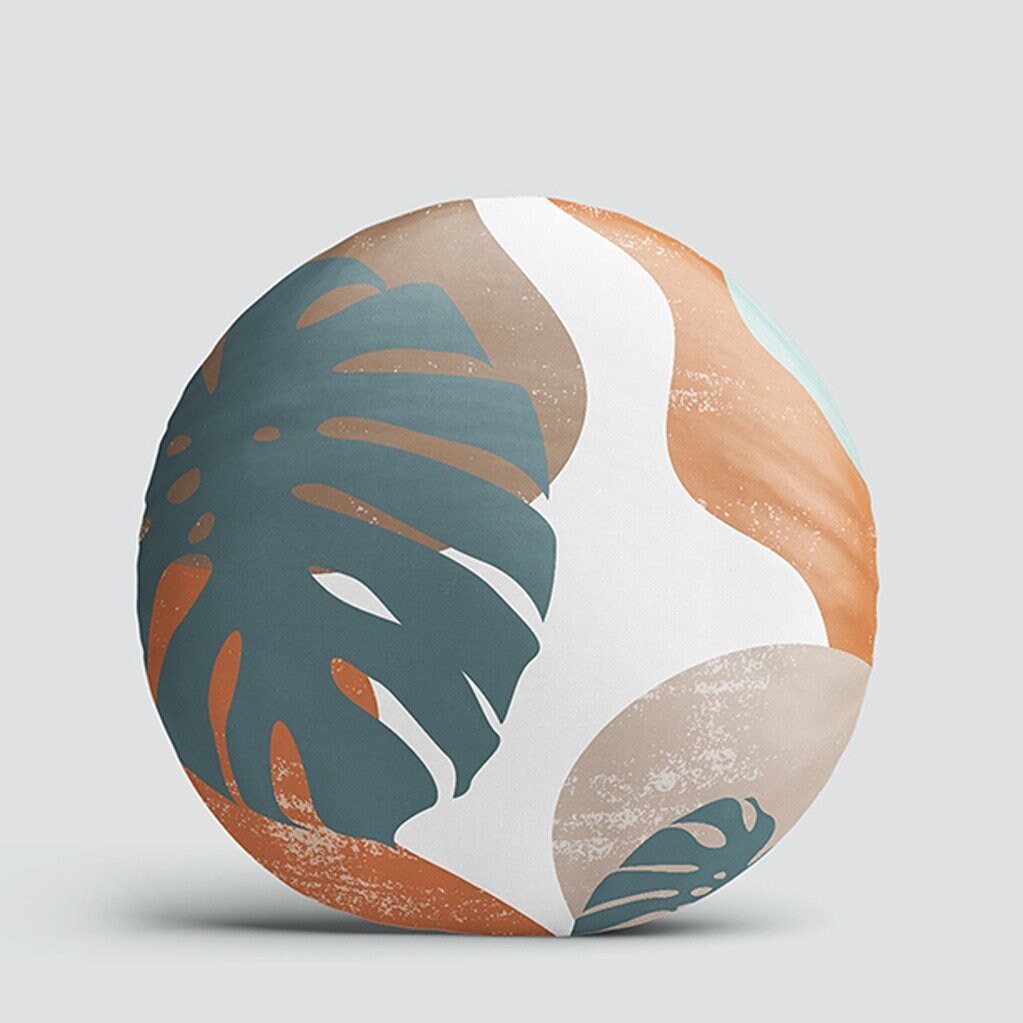 Set of 4 Abstract Round Pillow Case|Leaf Print Circle Pillow Cover|Decorative Abstract Tropical Leaves Pillowtop|Outdoor Round Cushion Cover