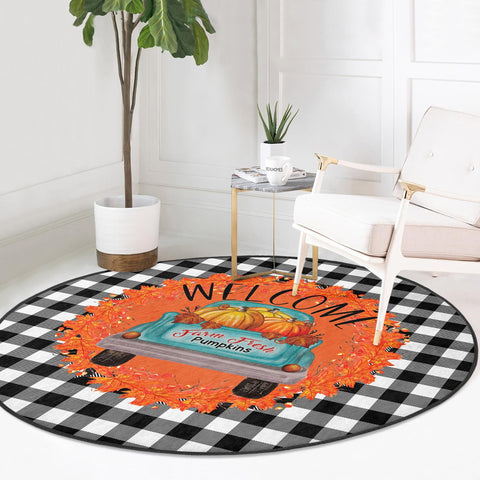 Fall Trend Round Rug|Non-Slip Round Carpet|Farm Fresh Pumpkin Truck Circle Rug|Decorative Hello Fall Area Rug|Checkered Autumn Home Decor