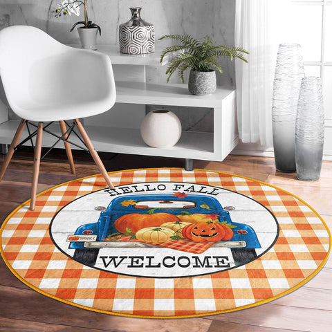 Fall Trend Round Rug|Non-Slip Round Carpet|Farm Fresh Pumpkin Truck Circle Rug|Decorative Hello Fall Area Rug|Checkered Autumn Home Decor