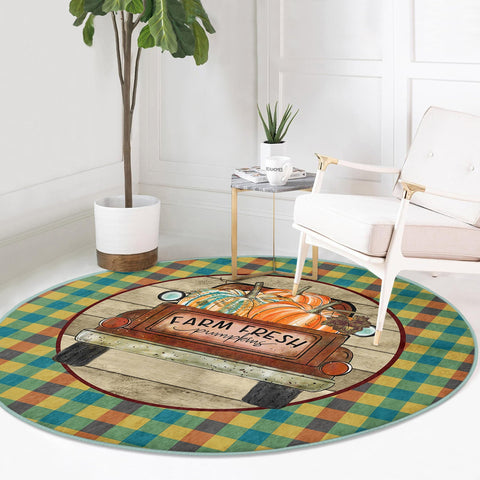 Fall Trend Round Rug|Non-Slip Round Carpet|Farm Fresh Pumpkin Truck Circle Rug|Decorative Hello Fall Area Rug|Checkered Autumn Home Decor