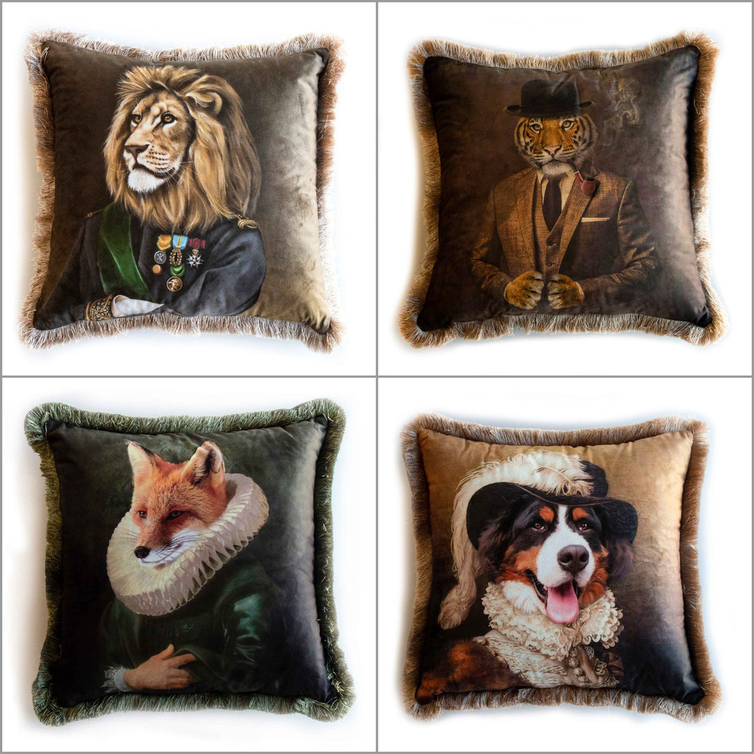 Royal Animal Pillow Cover|Frilly Lion, Tiger Cushion Case|Pet Costume Pillowcase|Fox and Dog Throw Pillow Cover|Animal Portrait Cushion Case