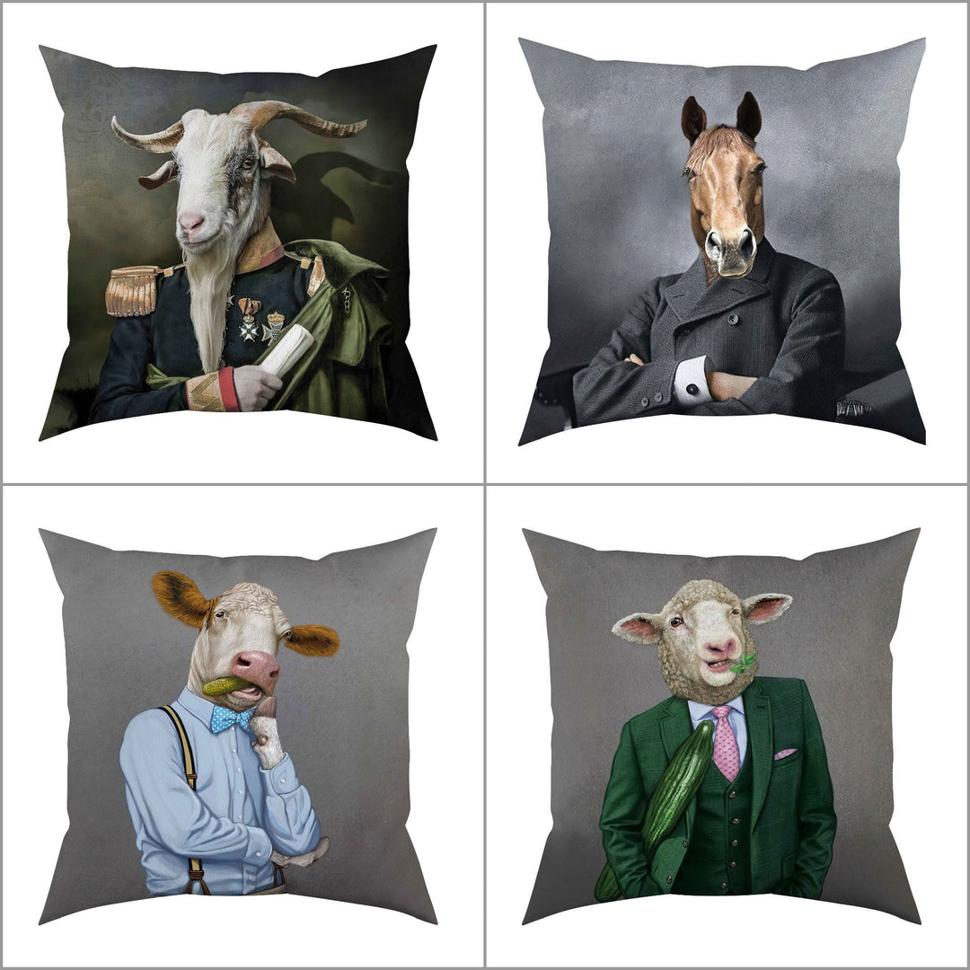 Royal Animal Pillow Cover|Frilly Goat, Horse Cushion Case|Pet Costume Pillowcase|Cow and Sheep Throw Pillow Cover|Animal Portrait Cushion