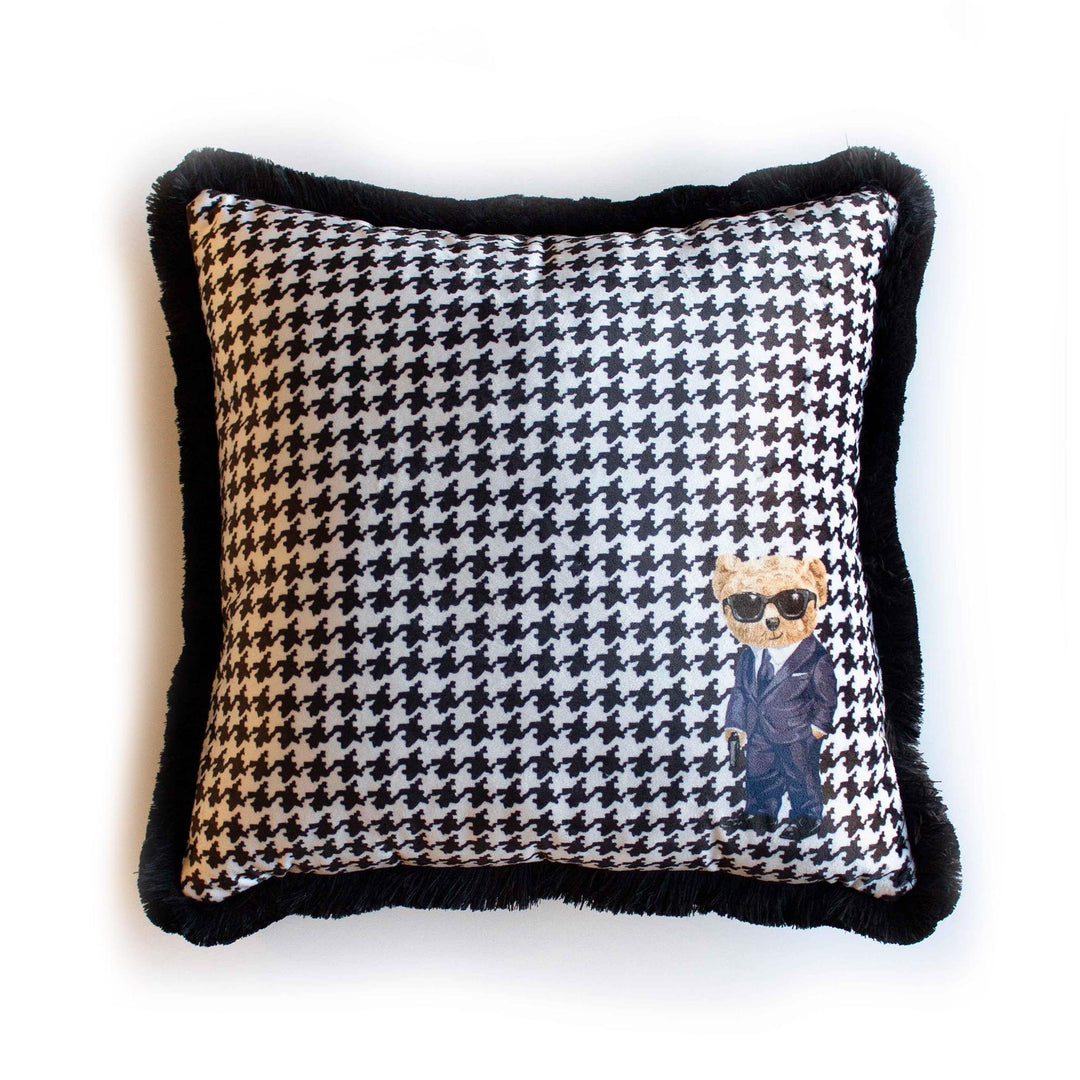 Cute Bear Pillow Cover|Frilly Black White Cute Bear Themed Cushion Case|Plaid Funny Animal Pillowcase|Cartoon Character Throw Pillow Cover