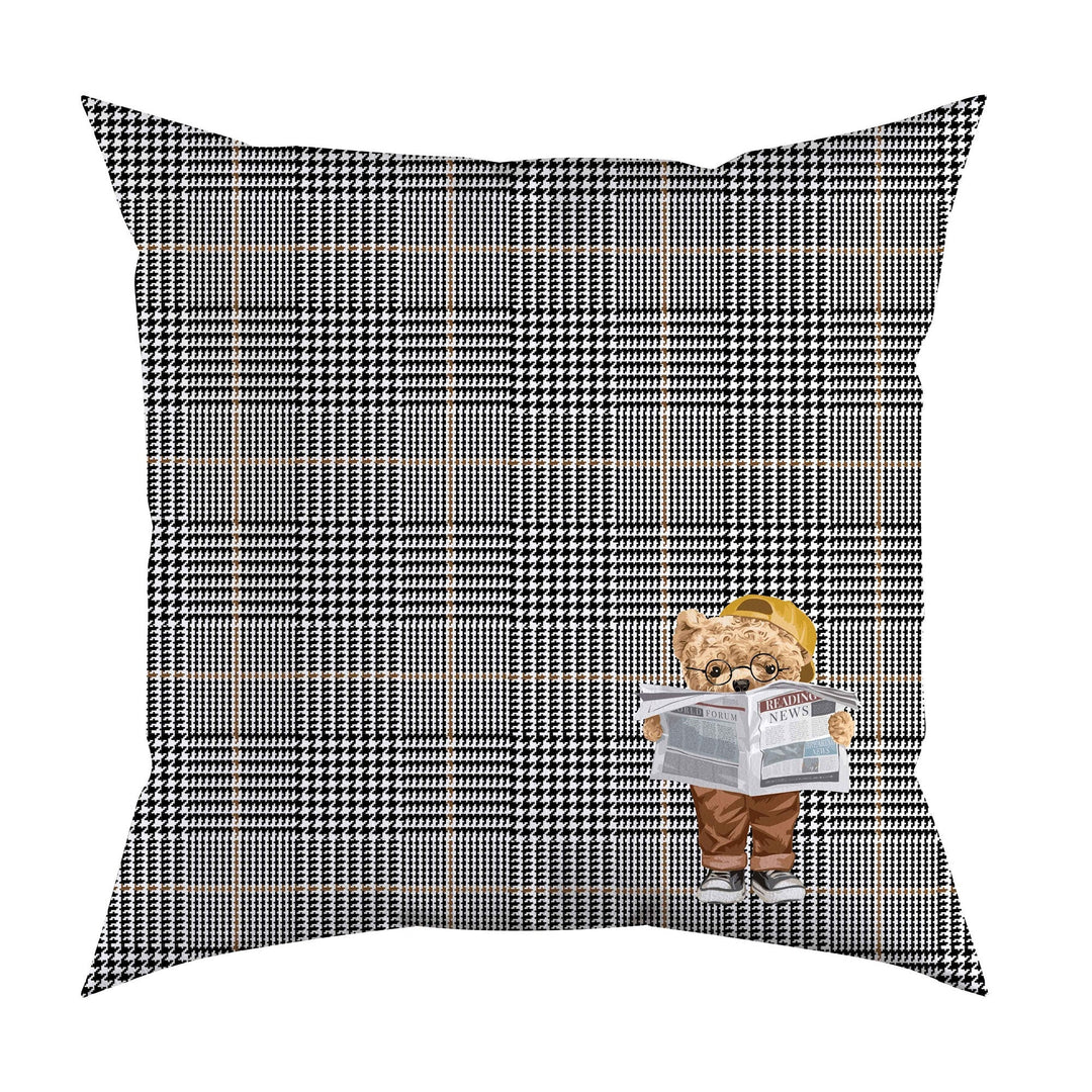 Cute Bear Pillow Cover|Frilly Black White Cute Bear Themed Cushion Case|Plaid Funny Animal Pillowcase|Cartoon Character Throw Pillow Cover