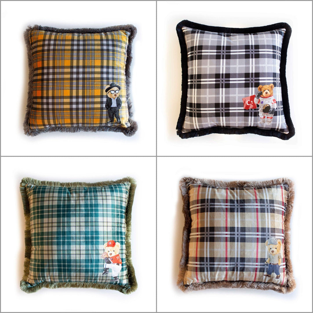 Cute Bear Pillow Cover|Frilly Bear in Suit Themed Cushion Case|Plaid Astronaut and Baseball Player Bear Pillowcase|Animal Throw Pillow Cover