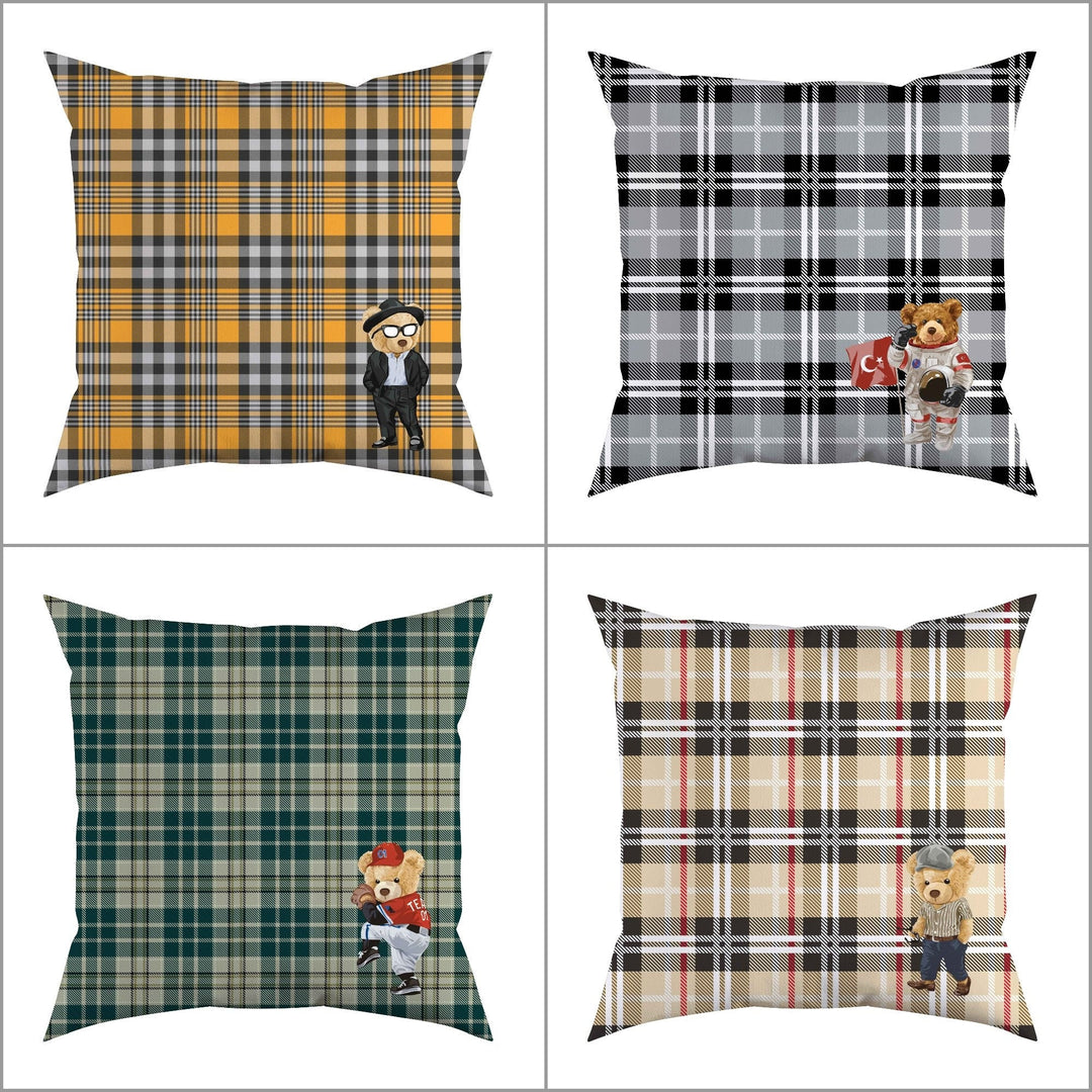 Cute Bear Pillow Cover|Frilly Bear in Suit Themed Cushion Case|Plaid Astronaut and Baseball Player Bear Pillowcase|Animal Throw Pillow Cover