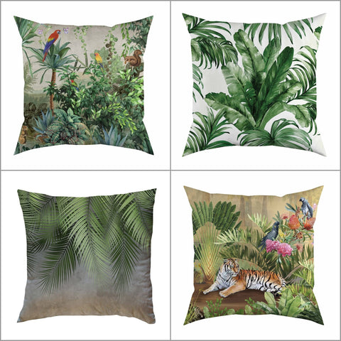 Tropical Pillow Cover|Frilly Jungle Cushion Case|Parrots in Forest Pillowcase|Green Leaves Cushion Cover|Tiger Print Throw Pillow Cover