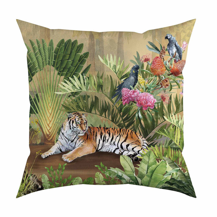 Tropical Pillow Cover|Frilly Jungle Cushion Case|Parrots in Forest Pillowcase|Green Leaves Cushion Cover|Tiger Print Throw Pillow Cover