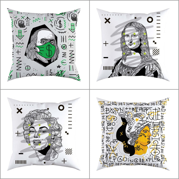 Portrait Pillow Cover|Frilly Marilyn Monroe Cushion Case|Benjamin Franklin with Mask Pillow Top|Decorative Mona Lisa Print Throw Pillow Case