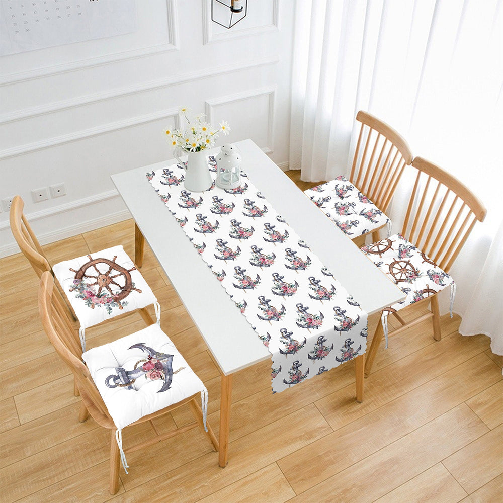 Set of 4 Puffy Chair Pads and 1 Table Runner|Floral Anchor Wheel Print Chair Cushion and Tabletop Set|Beach House Seat Pad and Tablecloth