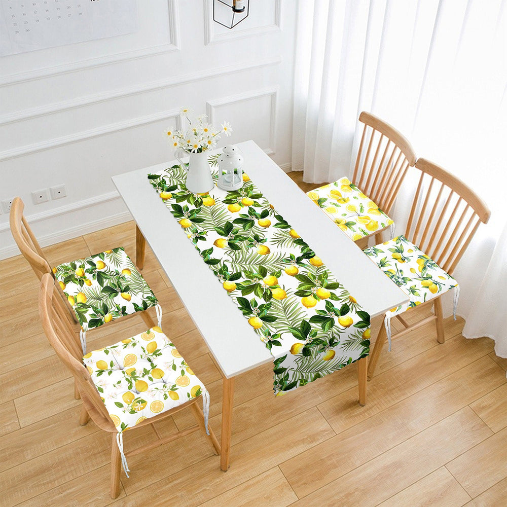 Set of 4 Puffy Chair Pads and 1 Table Runner|Floral Lemon Green Leaves Chair Cushion and Tabletop Set|Fresh Citrus Seat Pad and Tablecloth