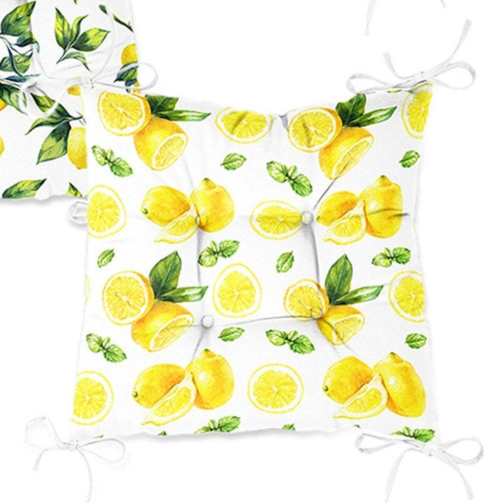 Set of 4 Puffy Chair Pads and 1 Table Runner|Floral Lemon Green Leaves Chair Cushion and Tabletop Set|Fresh Citrus Seat Pad and Tablecloth