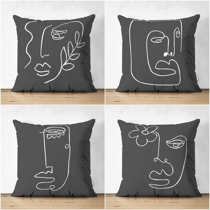 Onedraw Pillow Cover|Abstract Face Drawing Cushion Case|Boho Pillowcase|Decorative Double-Sided Pillowtop|Minimalist Authentic Cushion Case