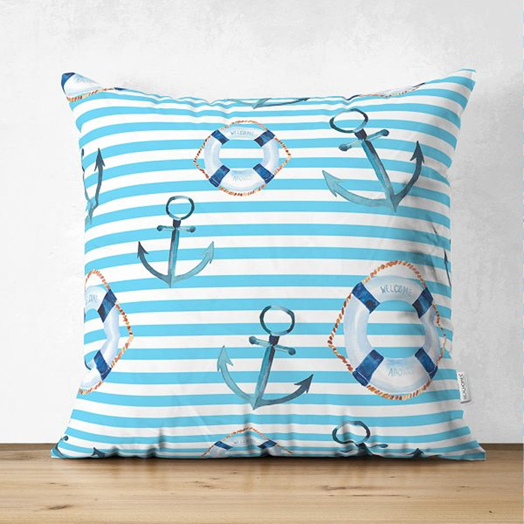 Nautical Pillow Cover|Summer Trend Anchor Print Cushion Case|Striped Floral Anchor Life Saver Throw Pillowtop|Decorative Beach House Cushion