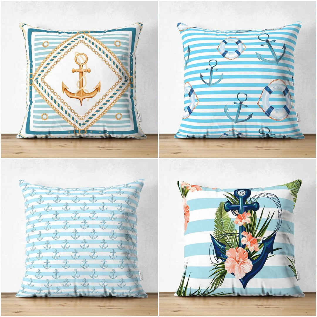 Nautical Pillow Cover|Summer Trend Anchor Print Cushion Case|Striped Floral Anchor Life Saver Throw Pillowtop|Decorative Beach House Cushion