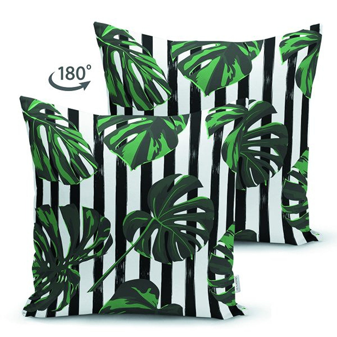 Tropical Plants Pillow Cover|Striped Green Leaves Cushion Case|Floral Cushion Cover|Decorative Pillowtop|Green and Black Summer Trend Decor