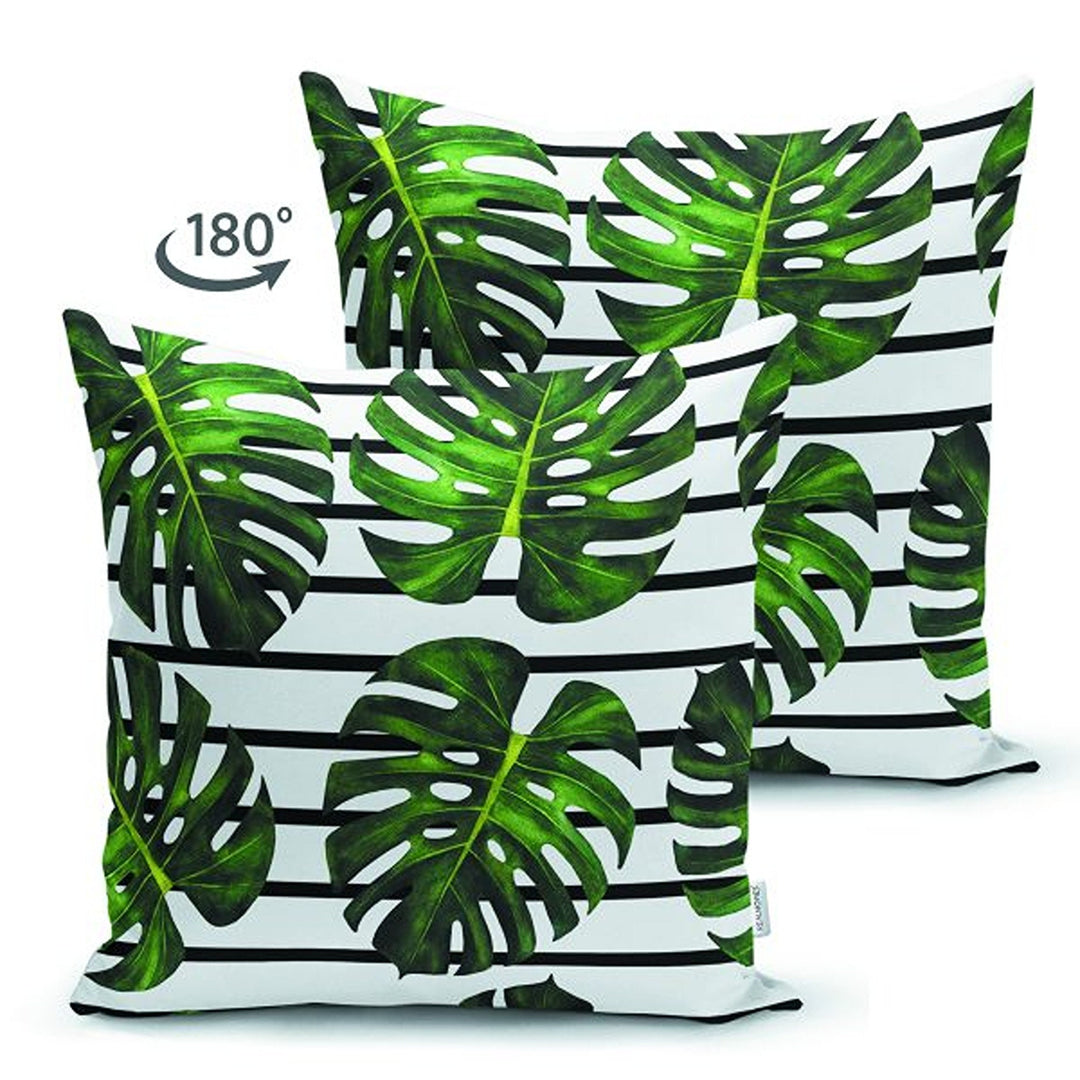 Tropical Plants Pillow Cover|Striped Green Leaves Cushion Case|Floral Cushion Cover|Decorative Pillowtop|Green and Black Summer Trend Decor